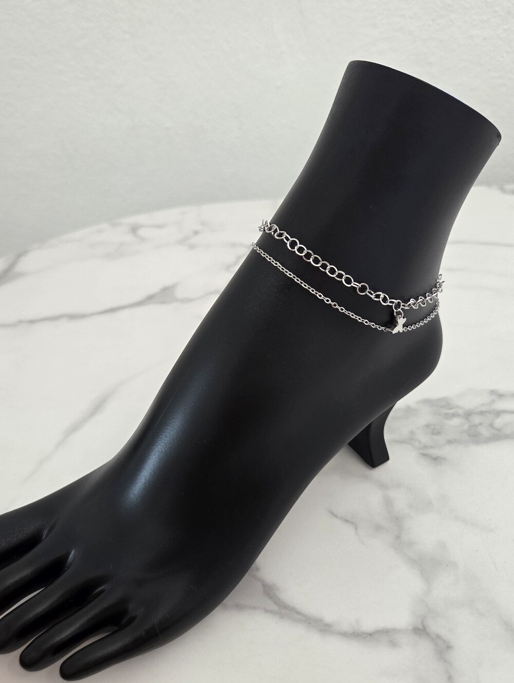 Silver Layered Butterfly Anklet Adjustable Double Chain Ankle Bracelet - Picture 10 of 12